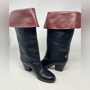 Chanel CC Cap Toe Fold Over Riding Boot Black Brown Leather Block Heel size 38.5